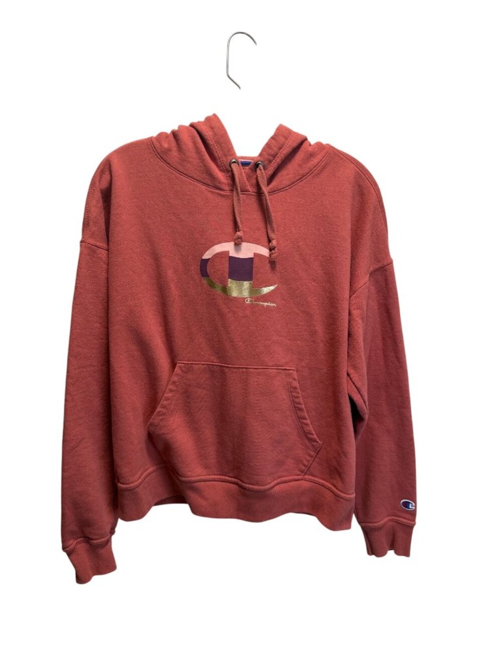 Champion Womens Small Rust Red Hoodie With Metallic Logo Kangaroo Pocket And Adj